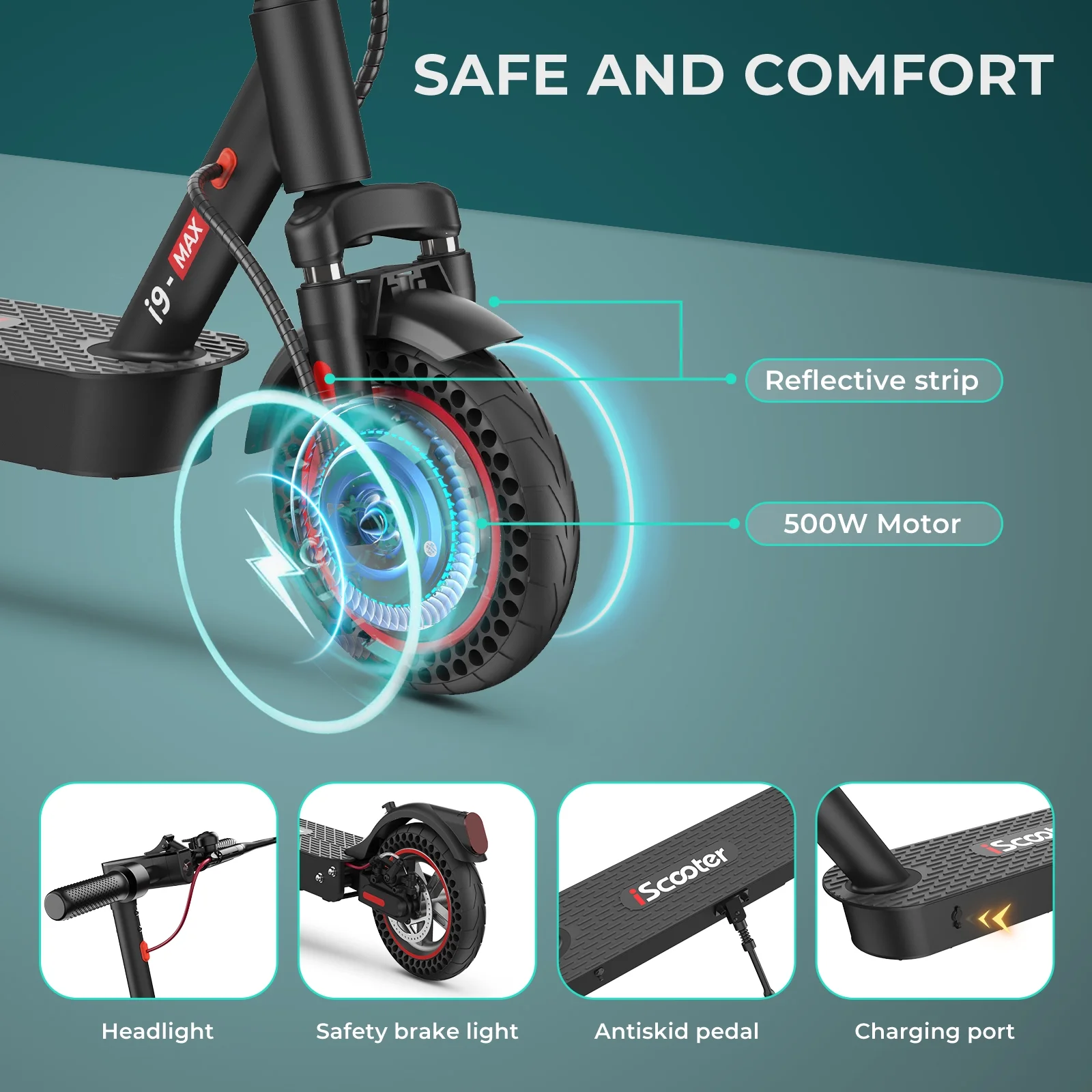 iScooter® Outstanding i9Max Electric Scooter for Adults,500W,20Miles,with Front and Rear Double Shock Absorption