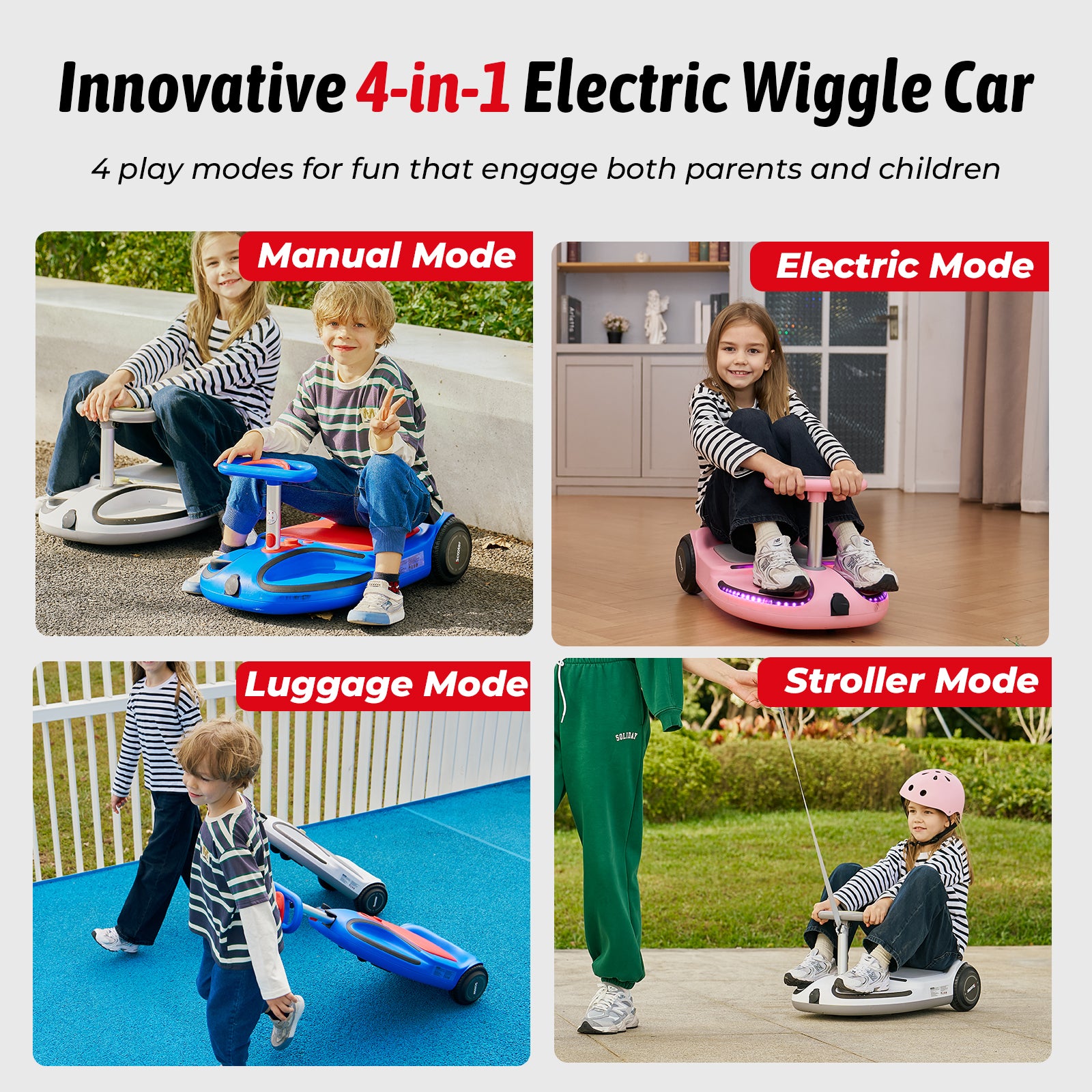 iScooter TC3 Electric Wiggle Car 4 in 1 Ride on Toy 3 Speed Modes For Ages 3+ with Lithium Rechargeable Battery＆Pull Rope