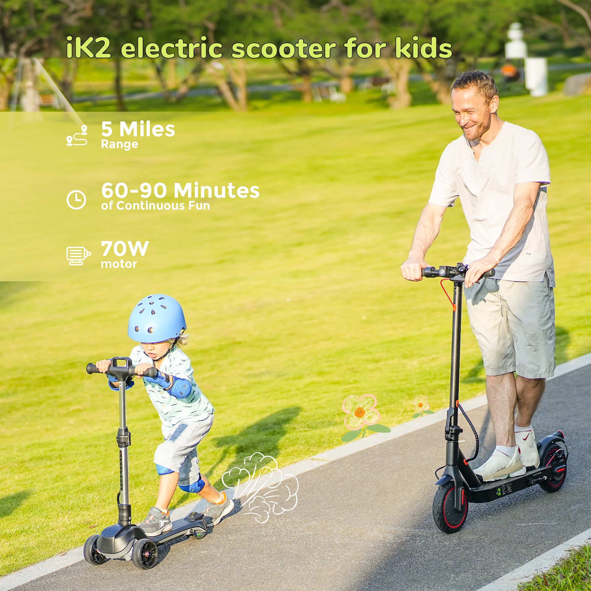 iScooter iK2 3-Wheel Electric Scooter Adjustable Height for Kids Ages 3-8 Unique Gift