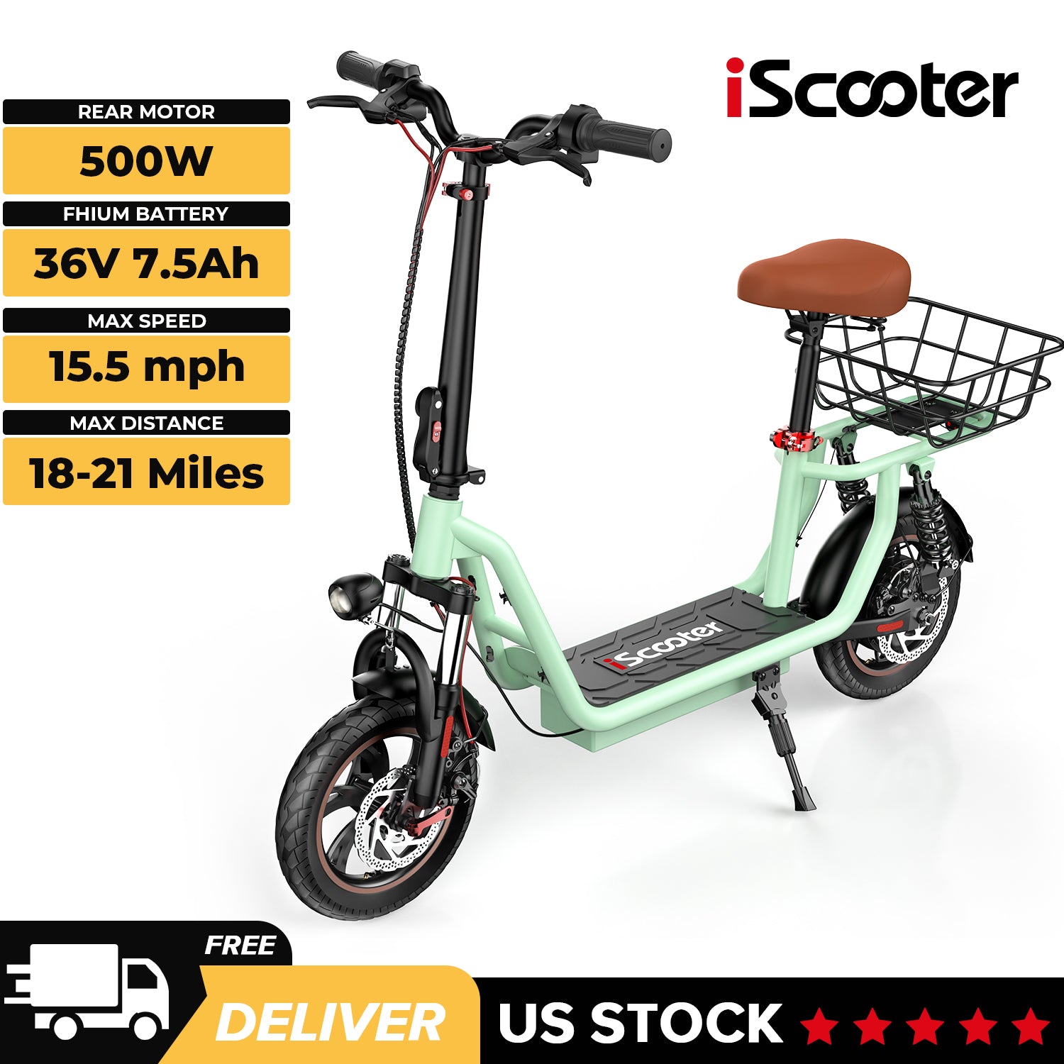 iScooter i12 500W Electric Scooter With Seat & Carry Basket