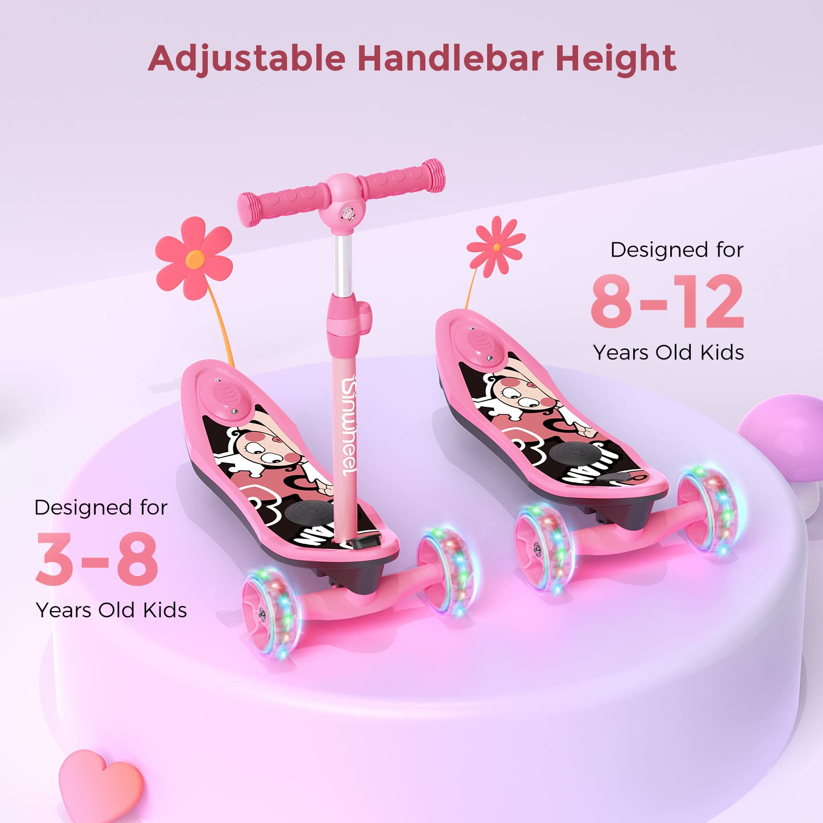 3-Wheel Mini 2in1 Kids Electric Scooter Height Adjustable Foldable Lean to Steer Kick Scooter for 3-12 Boys Girls